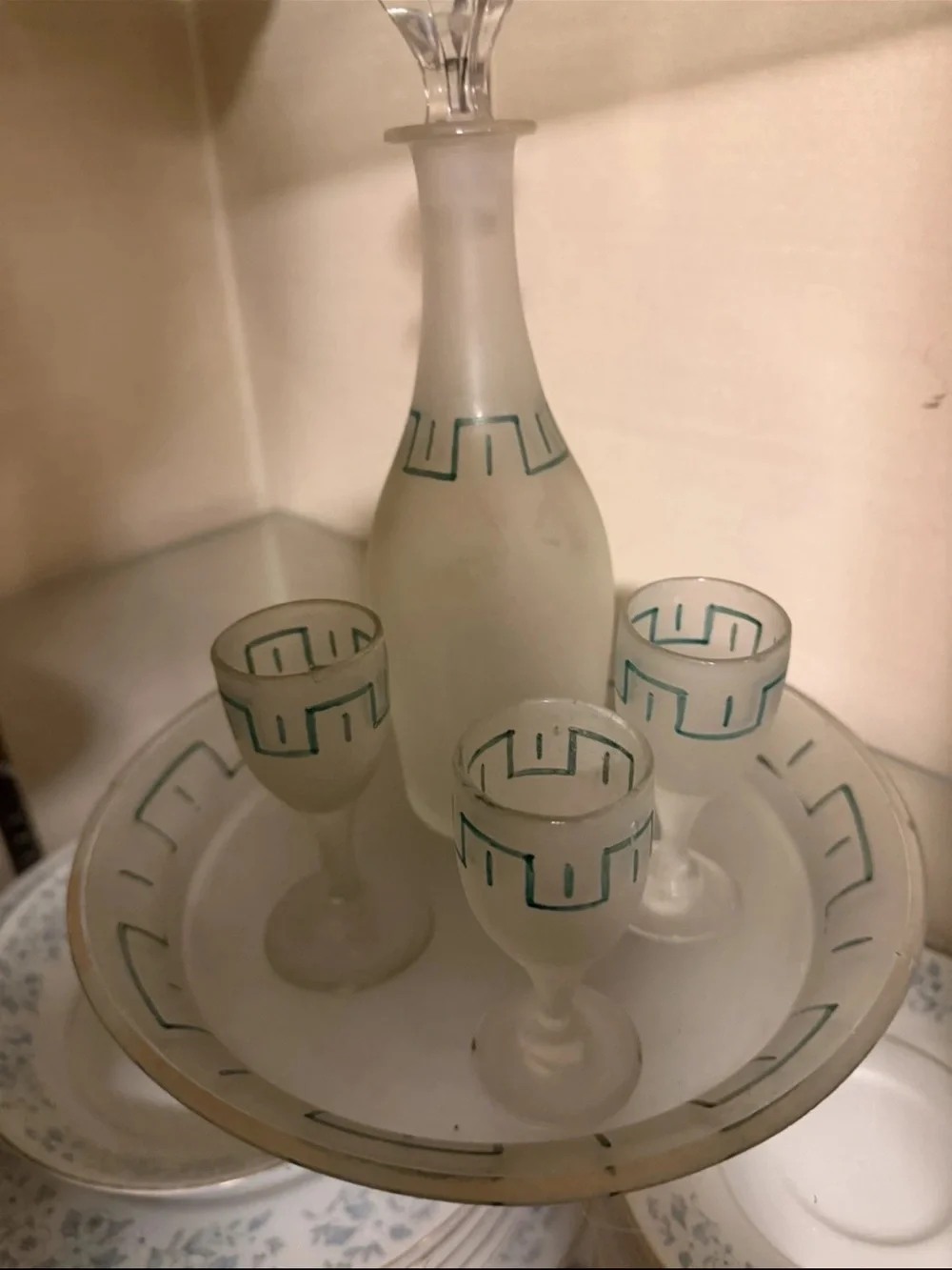 Vintage Frosted Glass Decanter Set Greek Key Tray & 3 Cordial Glasses MCM